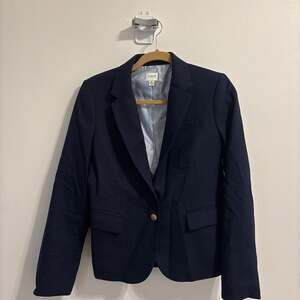 J Crew Jacket Blazer Navy Wool Blend Embossed Buttons Pockets Lined Size 2